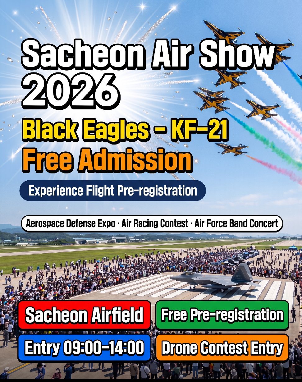 2026 Sacheon Air Show at Sacheon Air Base with Black Eagles aerobatic team performing precision formation flight over the runway