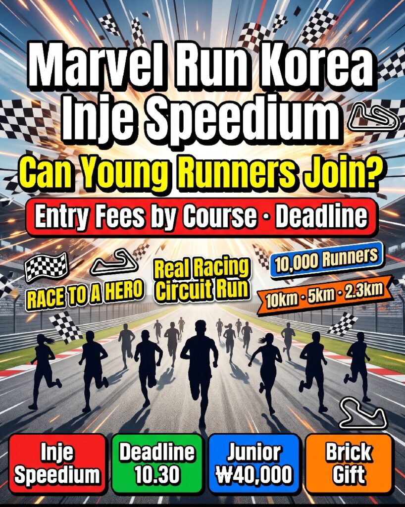 Marvel Run Korea 2026 at Inje Speedium racing circuit in Gangwon-do, with participants in Marvel superhero costumes running the full circuit course