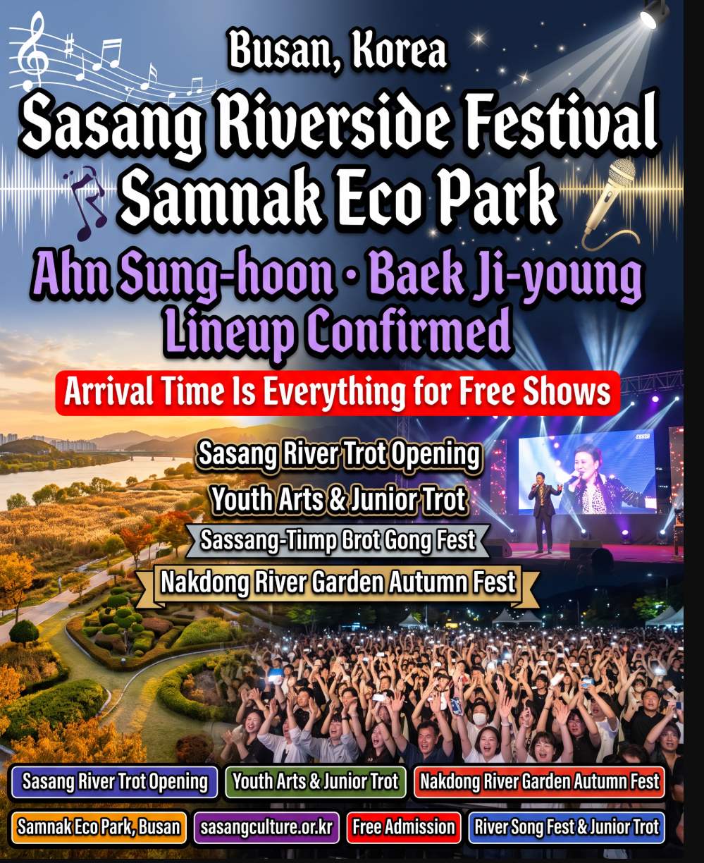 Sasang Riverside Festival 2026 at Samnak Eco Park, Busan — An Sung-hoon live concert, Junior Trot competition, and riverside song festival along the Nakdonggang