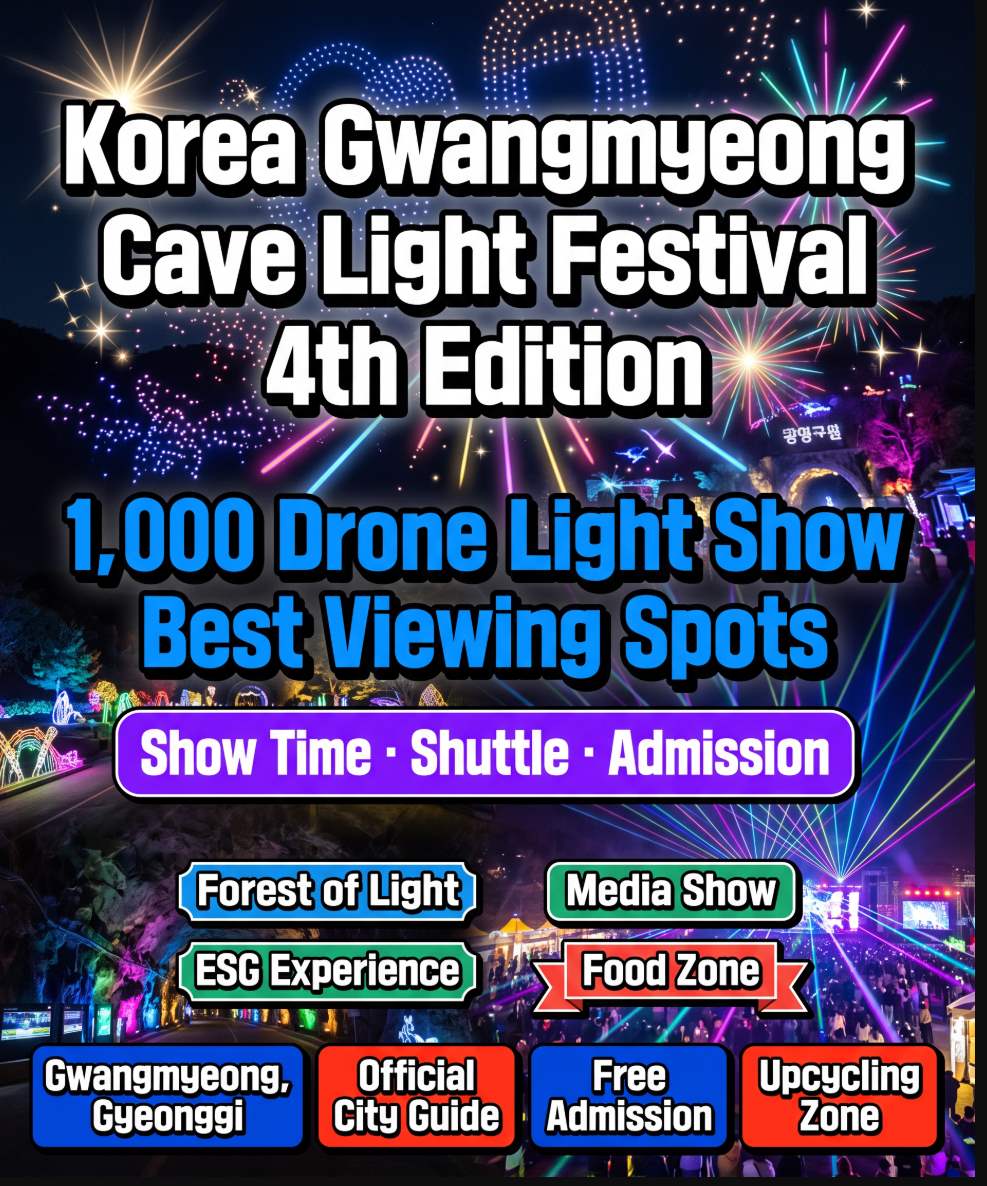 Gwangmyeong Cave Light Festival 2026 at Gwangmyeong Cave in Gyeonggi-do — 1,000 drones lighting the night sky above the historic former mine