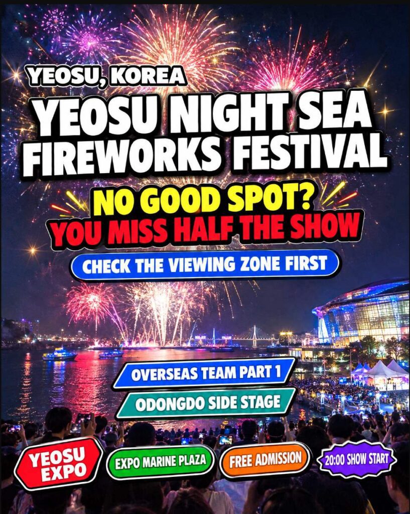 Yeosu Night Sea Fireworks Festival 2026 at Yeosu World Expo Center with fireworks reflecting on the sea at night